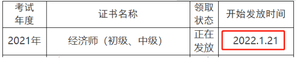 2021年四川眉山中级经济师证书发放时间：2022年1月21日开始