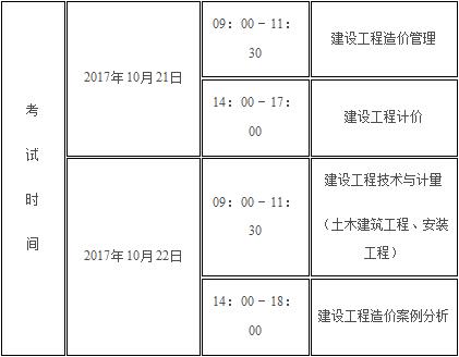 2017年黑龙江造价工程师考试时间：10月21、22日