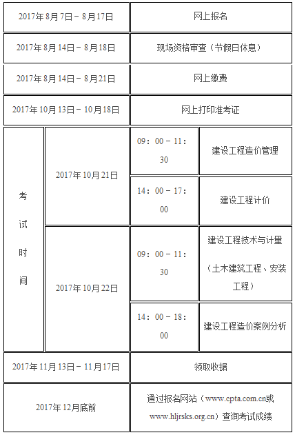 2017年黑龙江造价工程师考试报名时间、考试时间通知