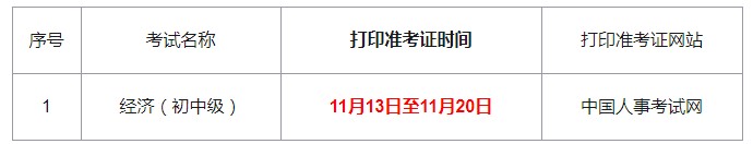 2020年吉林初级经济师准考证打印时间：11月13日至11月20日