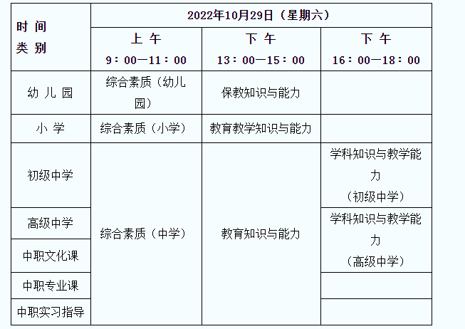 2022下半年陕西中小学教师资格证考试时间、科目及考区设置【10月29日】