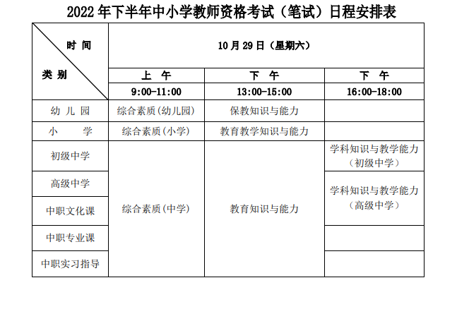2022下半年宁夏中小学教师资格证考试时间及科目【10月29日】