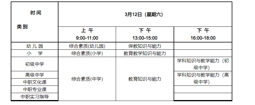 2022年上半年新疆中小学教师资格笔试考试时间及科目【3月12日】