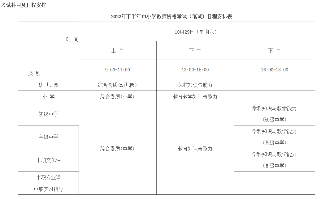 2022下半年安徽中小学教师资格笔试考试时间及科目【10月29日】