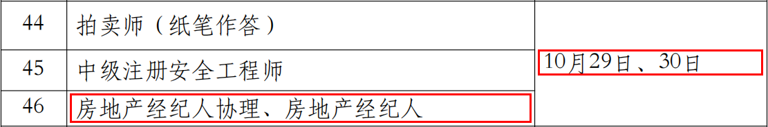 2022下半年北京房地产经纪人考试时间：10月29日、30日