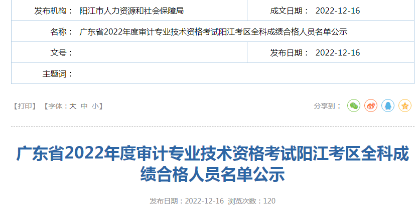 2022年广东阳江审计师考试成绩合格人员公示时间：12月29日截止