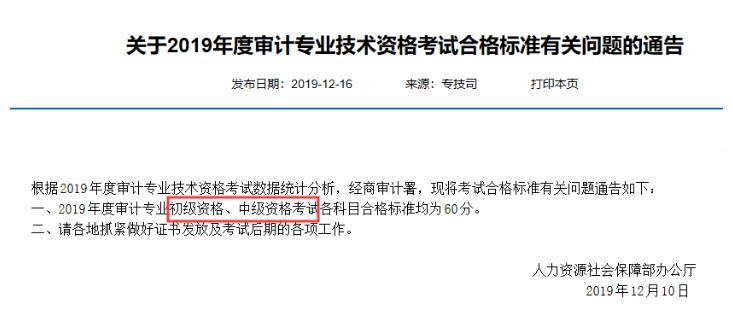 黑龙江2019年审计师考试分数线已公布 均为60分