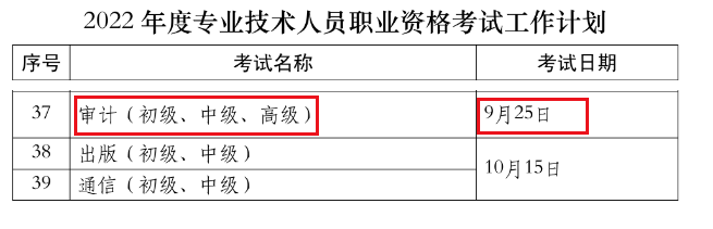 2022年上海中级审计师考试时间：9月25日