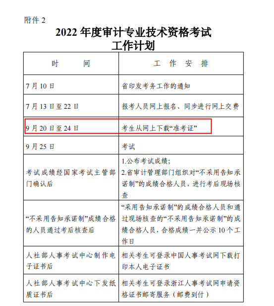 2022年浙江审计师准考证打印时间：9月20日至24日
