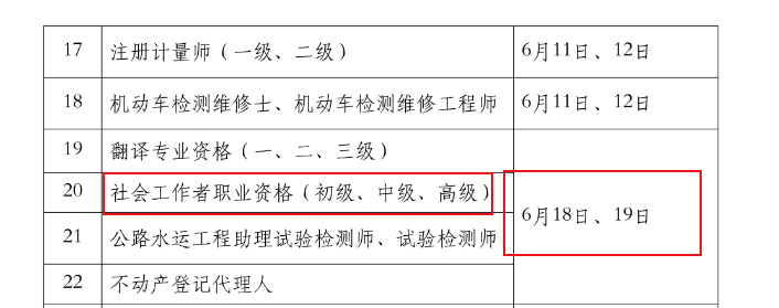 2022年河北社会工作者考试时间：6月18日、19日