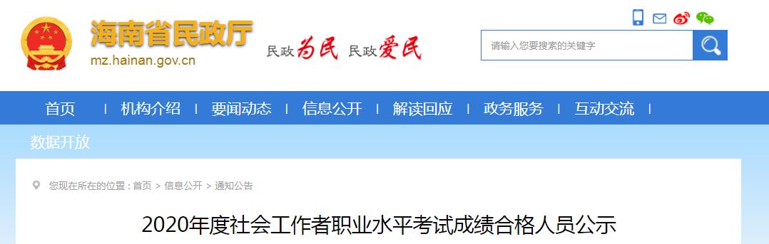 2020年海南社会工作者职业水平考试成绩合格人员公示