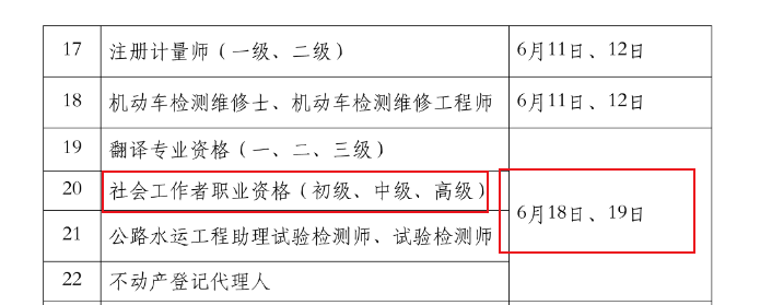 2022年浙江社会工作者考试时间：6月18日、19日