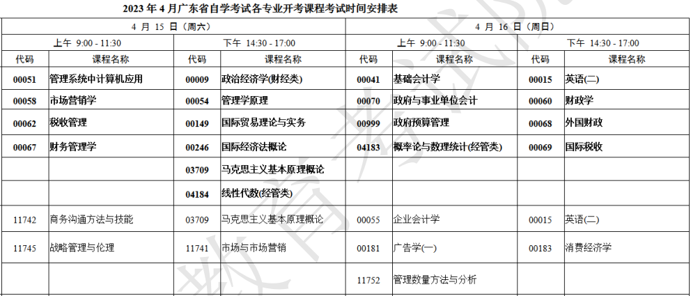 广东2023年4月自考时间安排：4月15日至16日