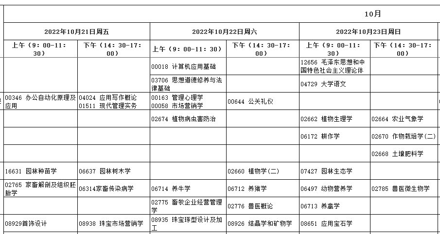 湖北宜昌2022年10月自考时间：10月21-25日