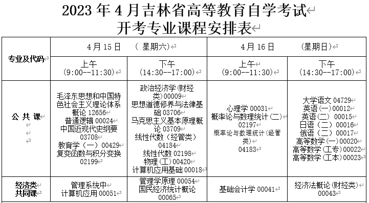 吉林松原2023年4月自考时间：4月15日至16日