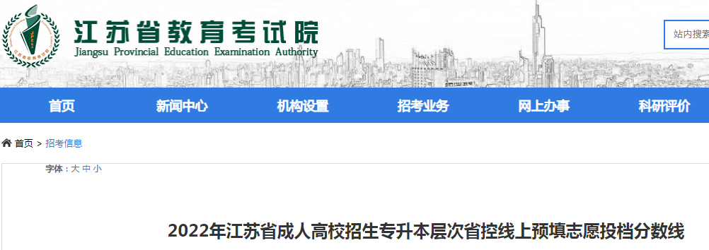 2022年江苏省成人高校招生专升本层次省控线上预填志愿投档分数线（附链接）