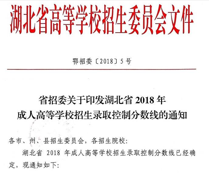 湖北省2018年成人高等学校招生录取控制分数线（已公布）