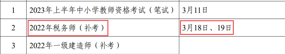 2022年税务师补考时间：2023年3月18日、19日