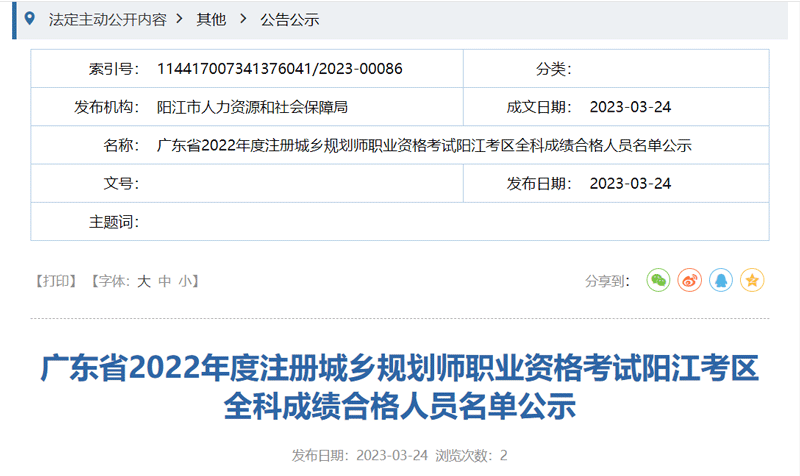 2022阳江城乡规划师全科成绩合格人员名单：共4人